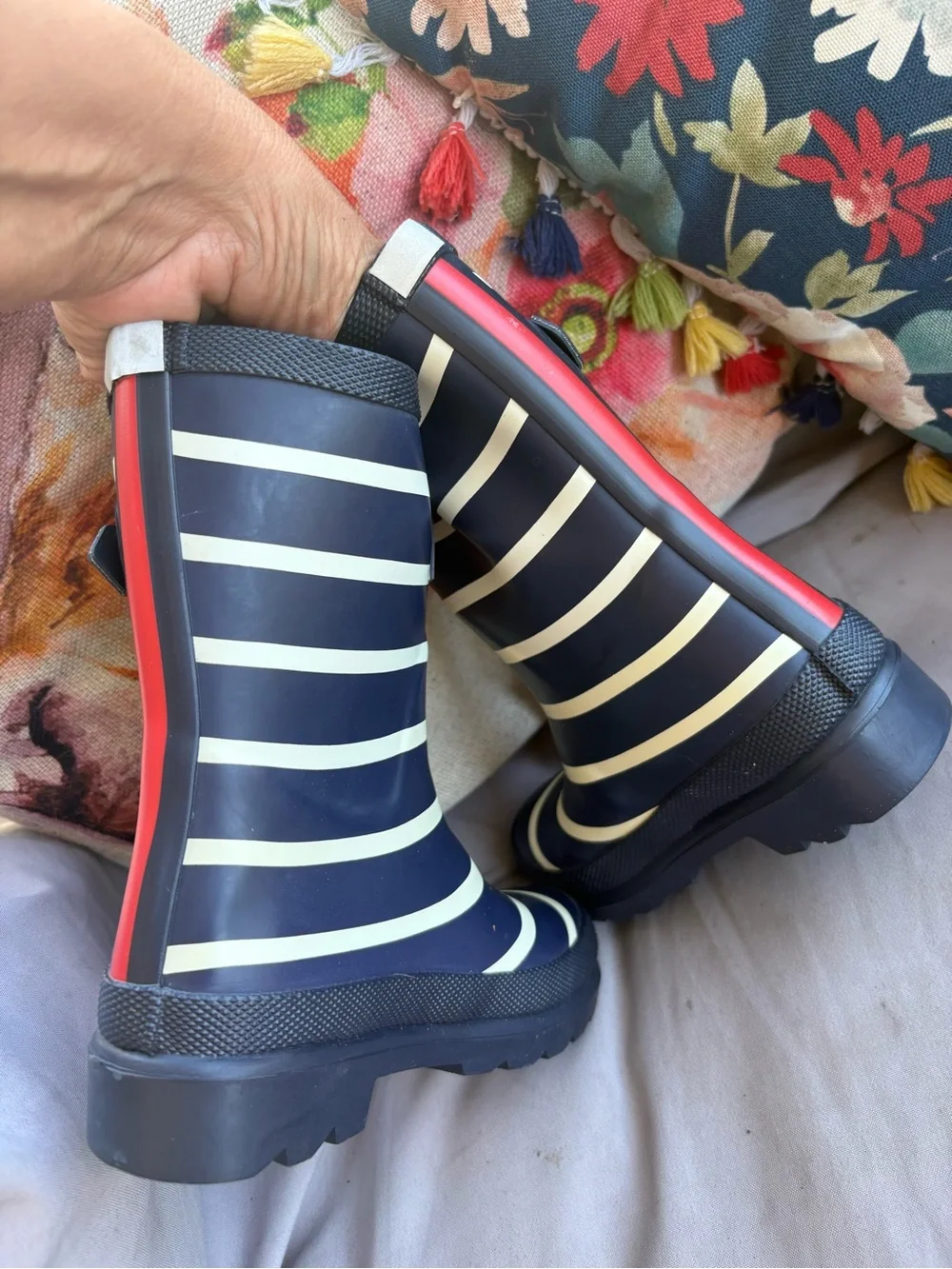 Joules Kids Navy and Cream Striped Rain Boots